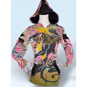 Vintage Y2K Christian Audigier Pink Tattoo Painted Black Panther Rhinestones New